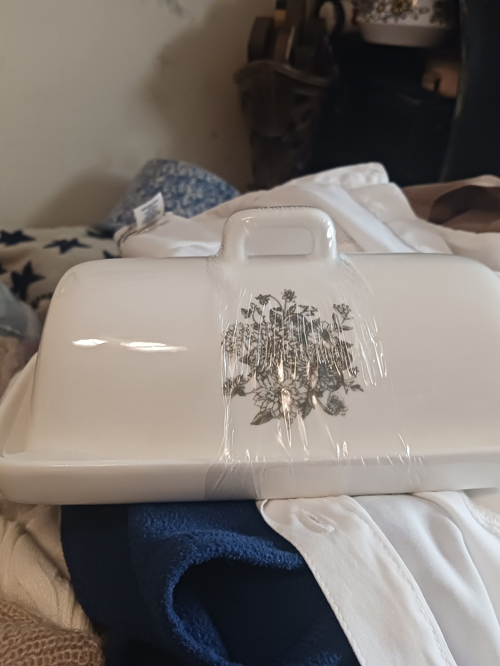 White Ceramic Covered Butter Dish with Green Botanical Motif